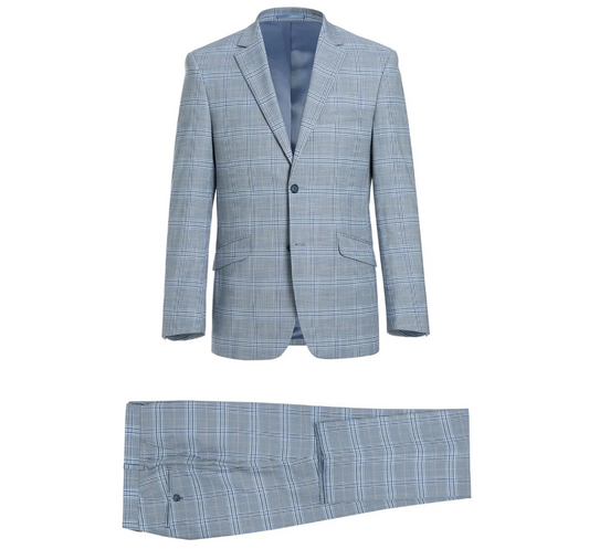 Raphael Light Blue Glen Plaid With Windowpane Slim Fit Stretch Notch Lapel Two Button Suit