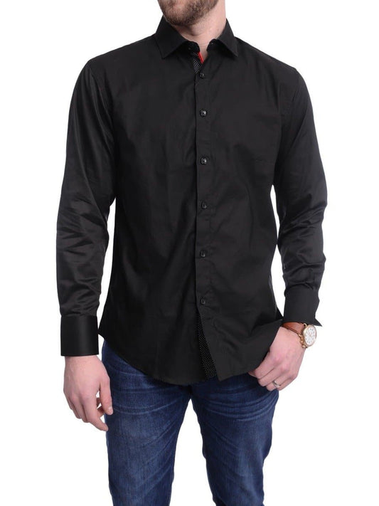 Bespoke Trim Fit Solid Black Spread Collar Cotton Casual Dress Shirt