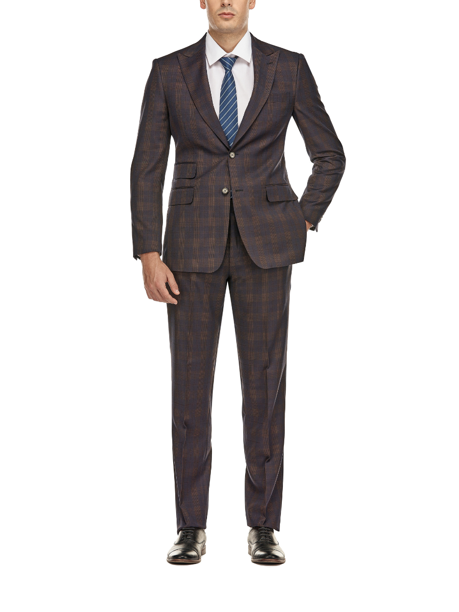 English Laundry Mens Plaid Navy With Brown Slim Fit Peak Lapel Stretch 2 Button Suit
