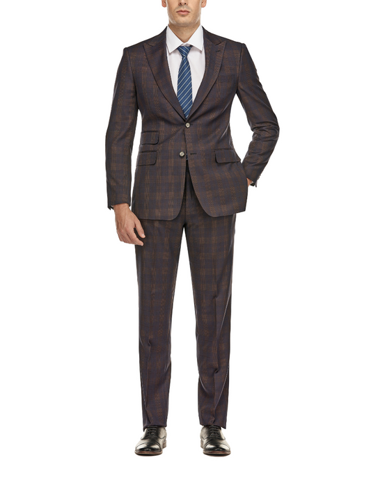 English Laundry Mens Plaid Navy With Brown Slim Fit Peak Lapel Stretch 2 Button Suit