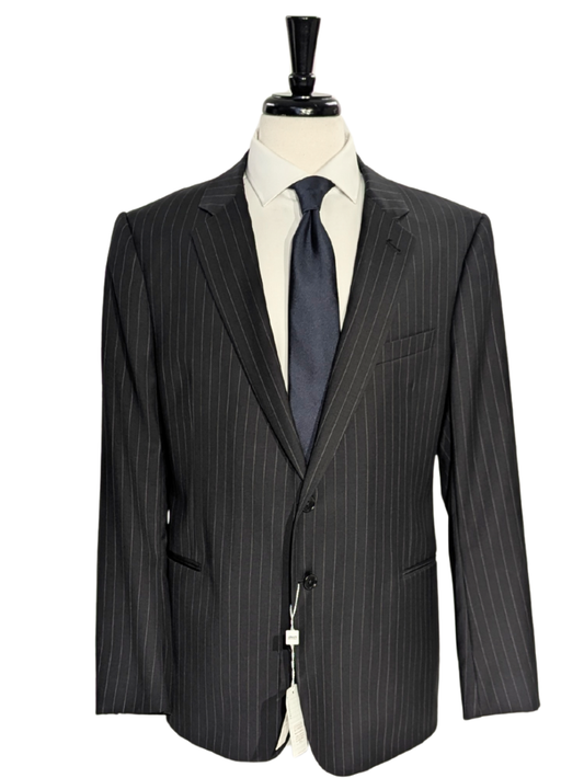Armani Collezioni Black Pinstriped Notch Lapel Wool 2-Button Suit - 46R