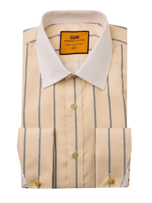 Steven Land Yellow Stripe Spread Collar French Cuff Wrinkle & Shrink Free Dress Shirt