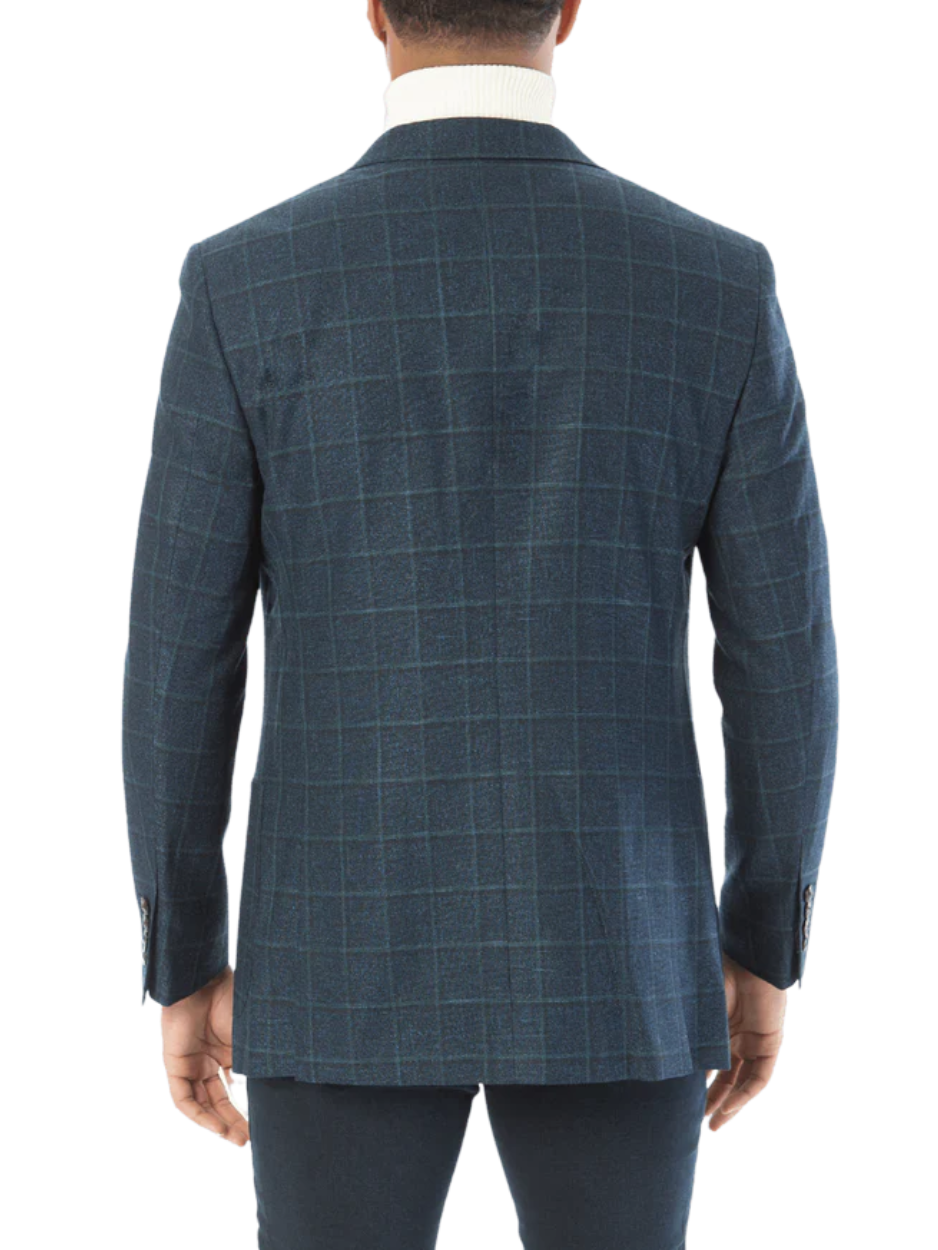 Sartoria Mazara Mens Classic Fit Blue With Green Check 2 Button Blazer Sportcoat