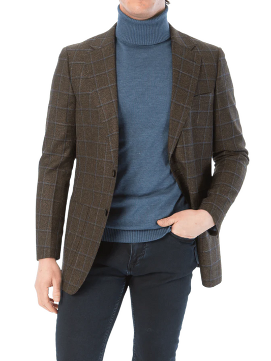 Sartoria Mazara Mens Classic Fit Brown & Blue Check Two Button Stretch Blazer Sportcoat