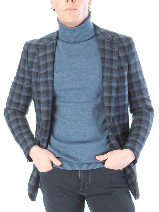 Sartoria Mazara Mens Slim Fit Black & Blue Check 100% Wool Blazer Sportcoat