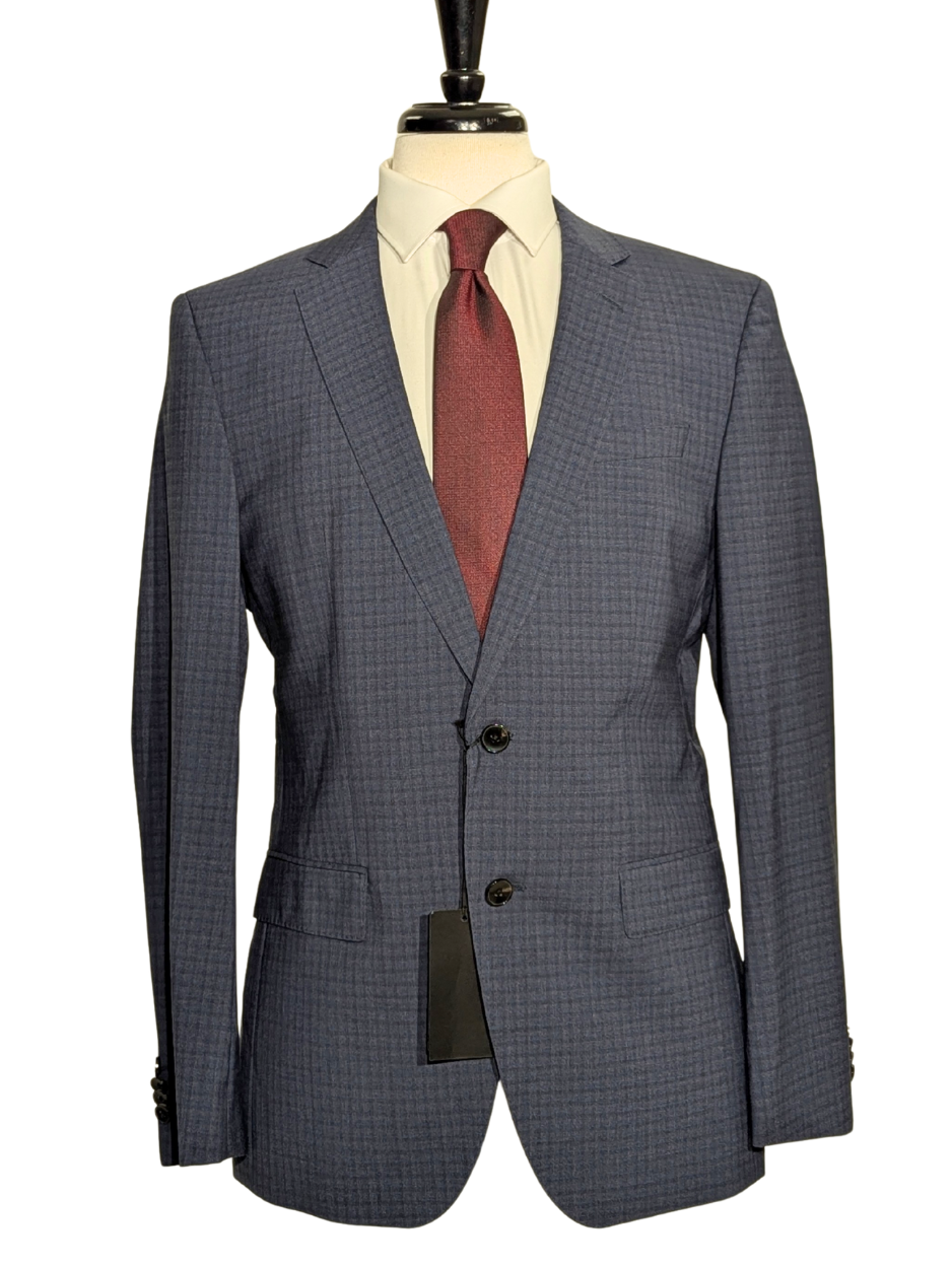 Hugo Boss Lanificio Blue and Gray Tonal Check Slim Fit Notch Lapels Wool 2-Button Suit - 40R
