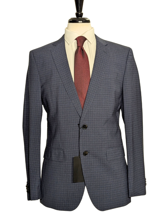 Hugo Boss Lanificio Blue and Gray Tonal Check Slim Fit Notch Lapels Wool 2-Button Suit - 40R