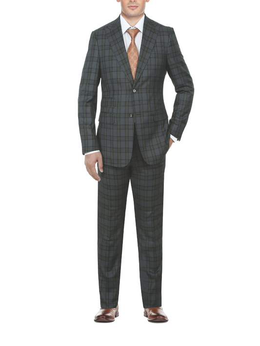 English Laundry Mens Gray With Green Plaid Slim Fit Peak Lapel 2 Button Stretch Suit