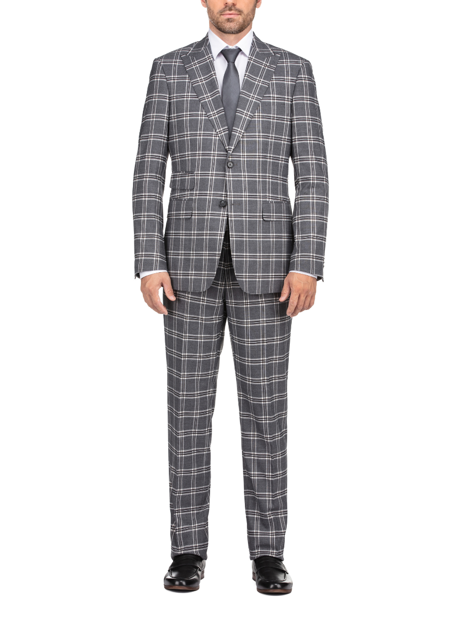 English Laundry Windowpane Check Gray Slim Fit Peak Lapel Stretch 2 Button Suit