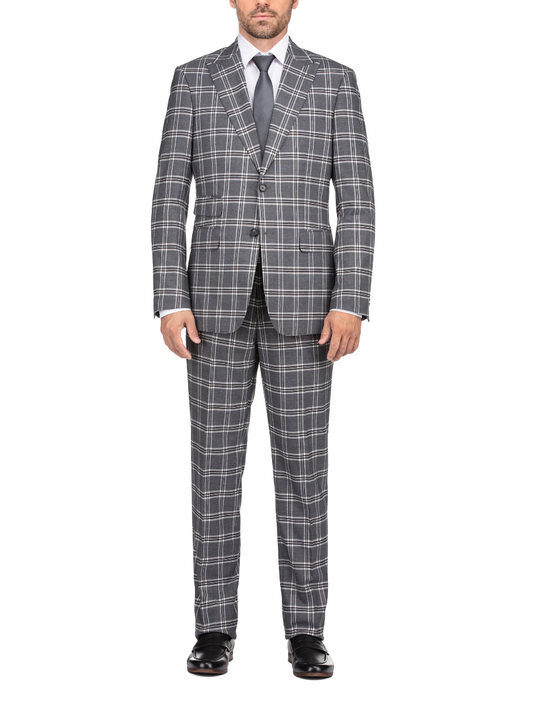 English Laundry Windowpane Check Gray Slim Fit Peak Lapel Stretch 2 Button Suit