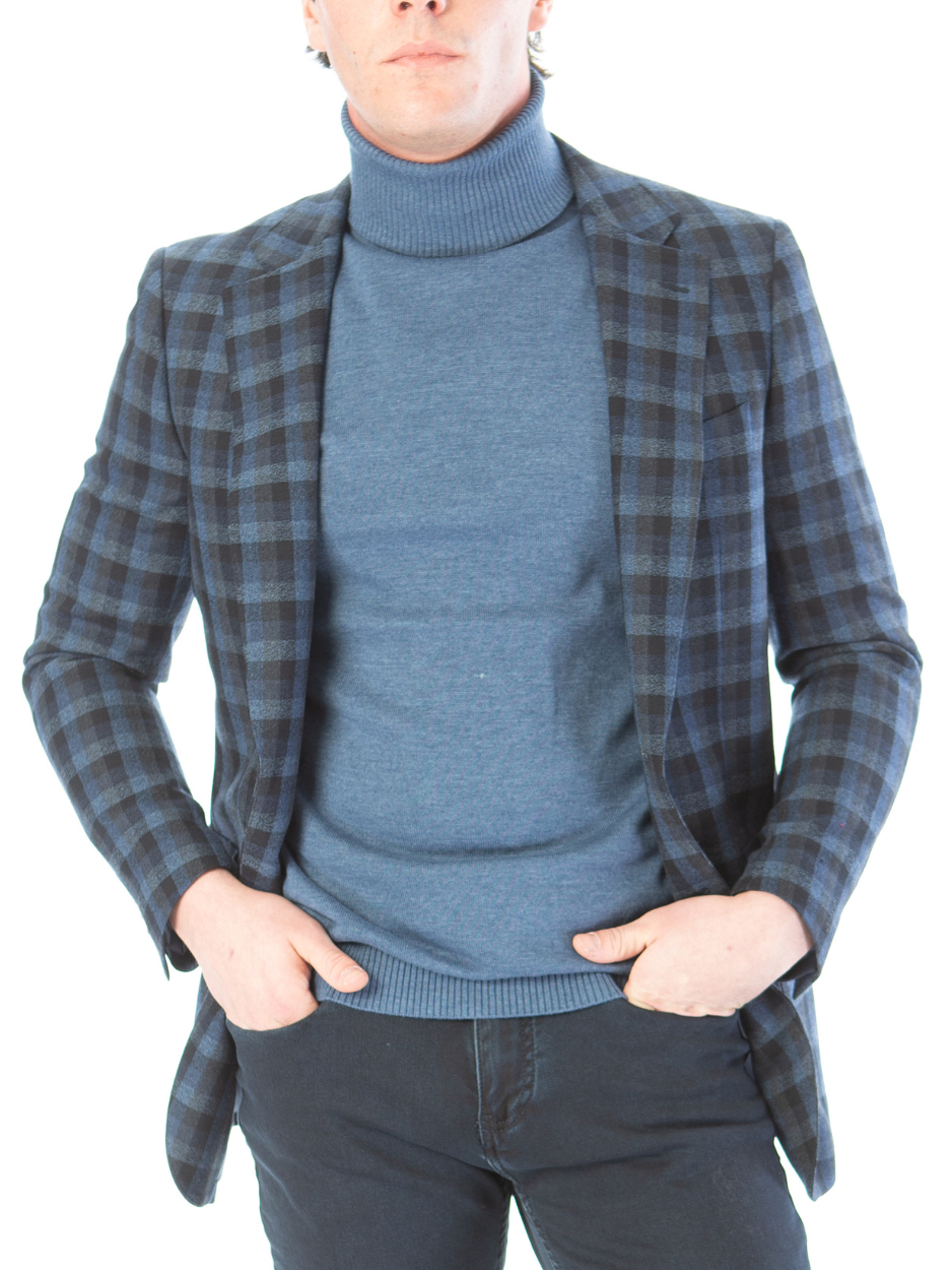 Sartoria Mazara Mens Classic Fit Black & Blue Check 100% Wool Blazer Sportcoat