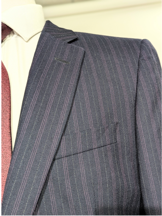 Hugo Boss Navy Blue and Purple Pinstriped Notch Lapels Wool 2-Button Suit 40R