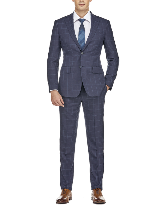 English Laundry Mens Navy Windowpane Slim Fit Notch Lapel 2 Button Wool Suit