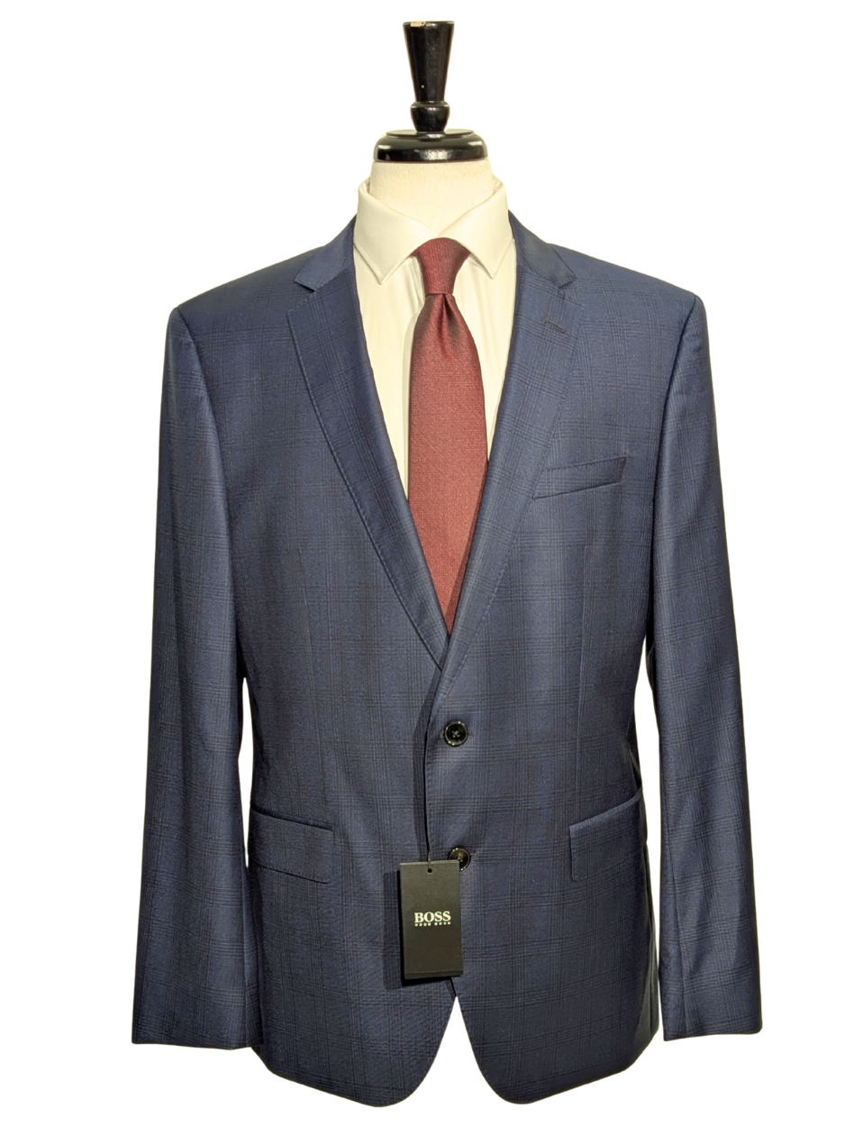 Hugo Boss Super 120s Navy Blue Plaid Windowpane Slim Fit Notch Lapels Wool 2-Button Suit - 44R