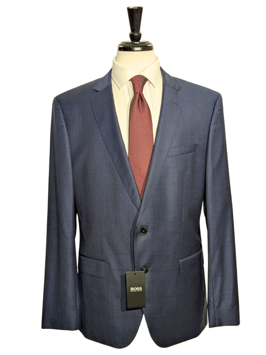 Hugo Boss Super 120s Navy Blue Plaid Windowpane Slim Fit Notch Lapels Wool 2-Button Suit - 44R