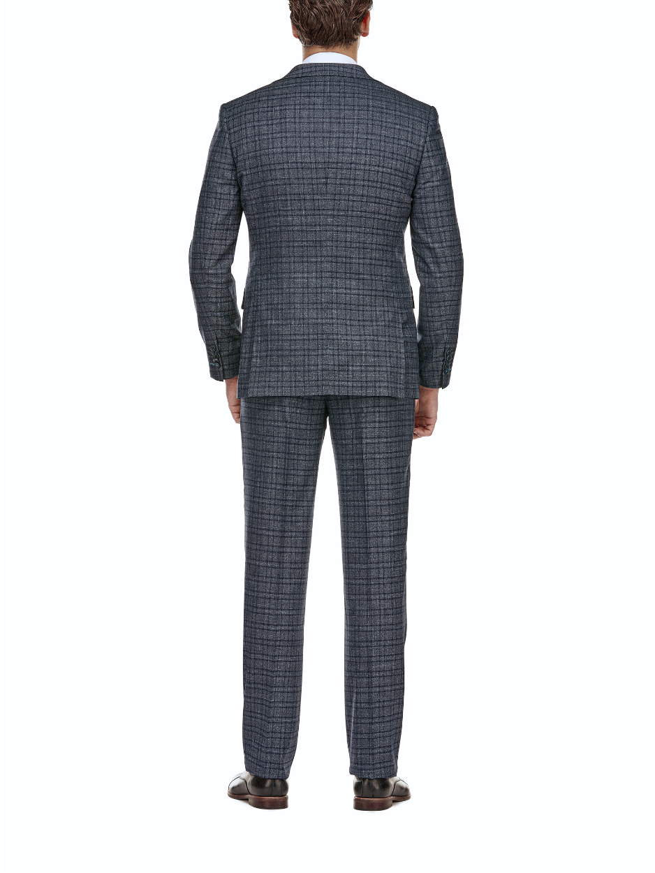 English Laundry Windowpane Blue Denim Style Slim Fit Notch Lapel Stretch 3-Piece Suit