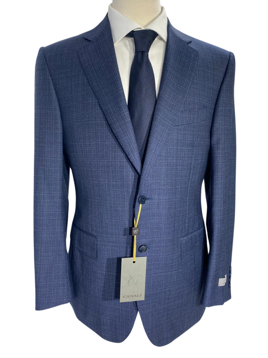 Canali Navy Blue Check Notch Lapel 100% Wool 2 Button Suit 38R