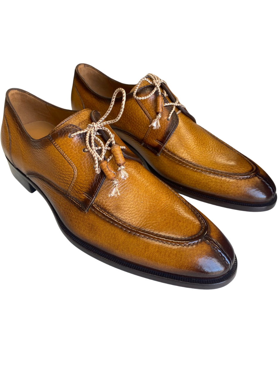 Mezlan Fratello Cognac Pebbled Leather Apron Toe Derby Dress Shoes