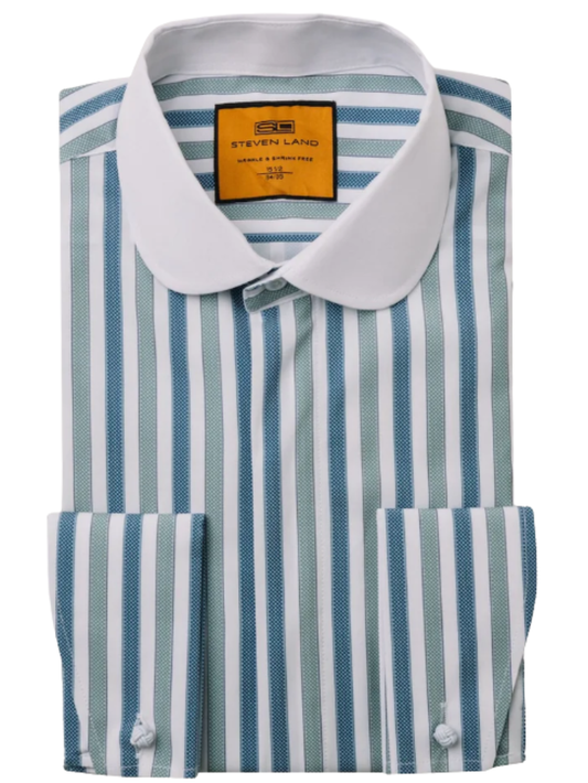 Steven Land Green & Teal Striped Club Collar French Cuff 100% Cotton Wrinkle & Shrink Free Dress Shirt