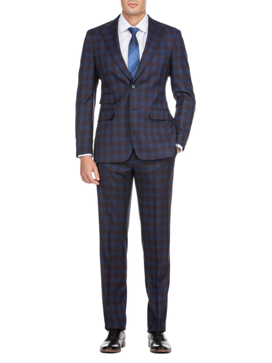 English Laundry Mens Navy with Brown Check Slim Fit Peak Lapel 2 Button Stretch Suit
