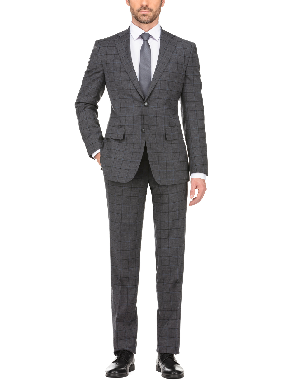 English Laundry Grid Check Charcoal Gray Slim Fit Notch Lapel Wool Stretch 2 Button Suit