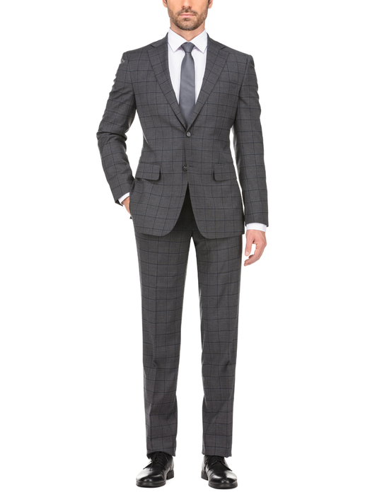 English Laundry Grid Check Charcoal Gray Slim Fit Notch Lapel Wool Stretch 2 Button Suit
