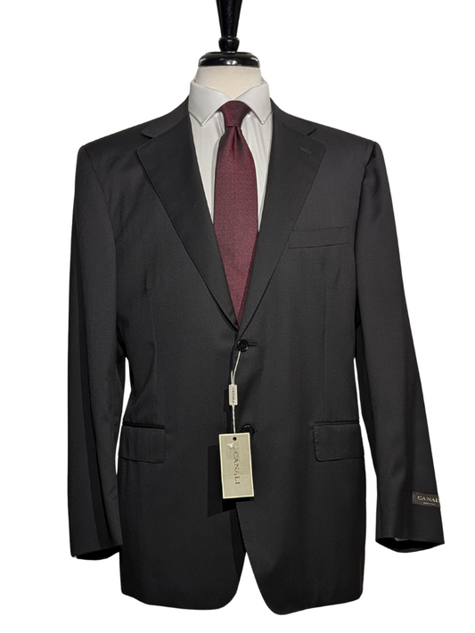 Canali Solid Black Classic Fit Notch Lapel 2 Button Wool Suit 44R