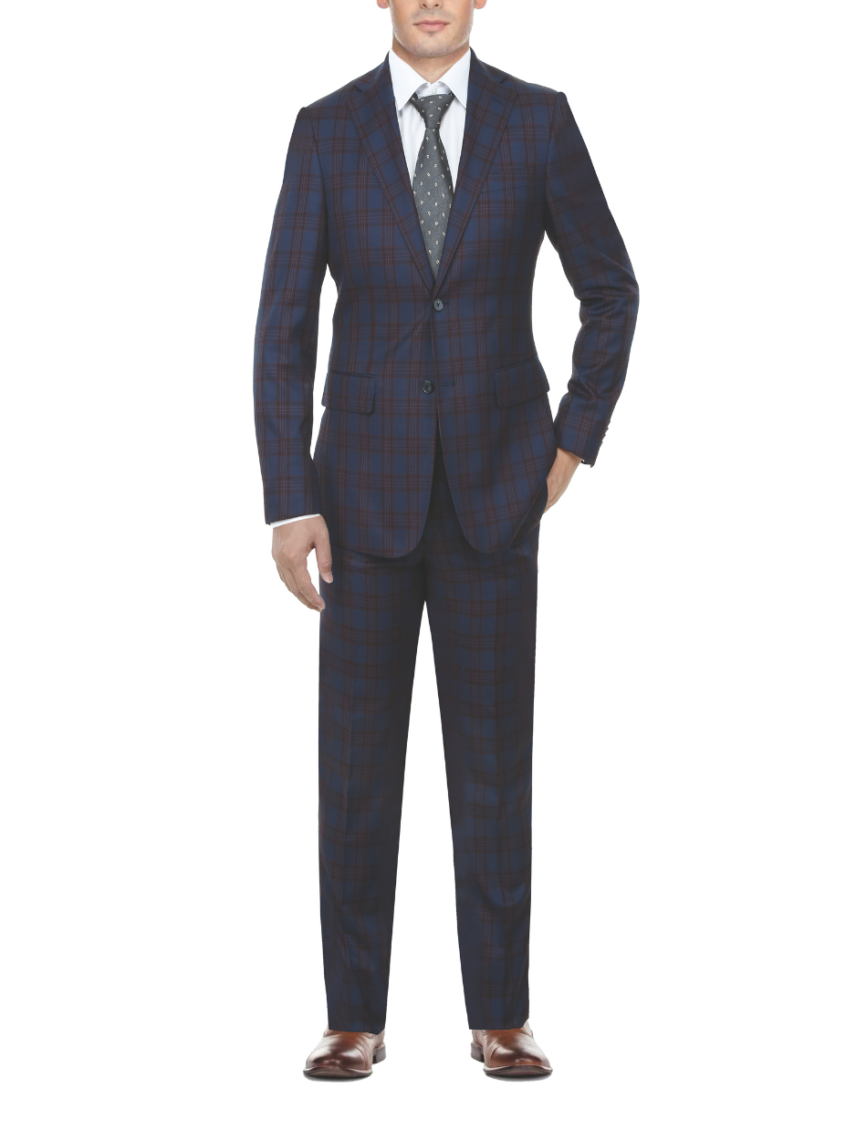 English Laundry Glen Plaid Blue & Rust Slim Fit Notch Lapel 2 Button Stretch Suit