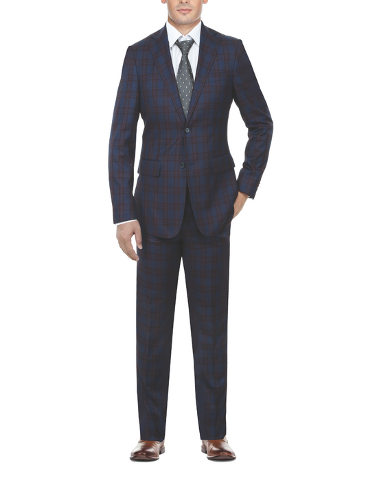 English Laundry Glen Plaid Blue & Rust Slim Fit Notch Lapel 2 Button Stretch Suit