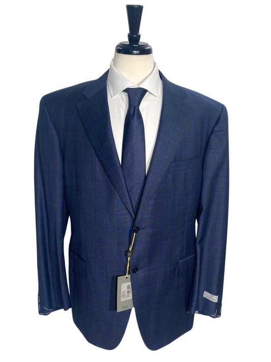 Canali Navy Blue Plaid Notch Lapel Classic Fit 100% Wool 2 Button Suit 44L