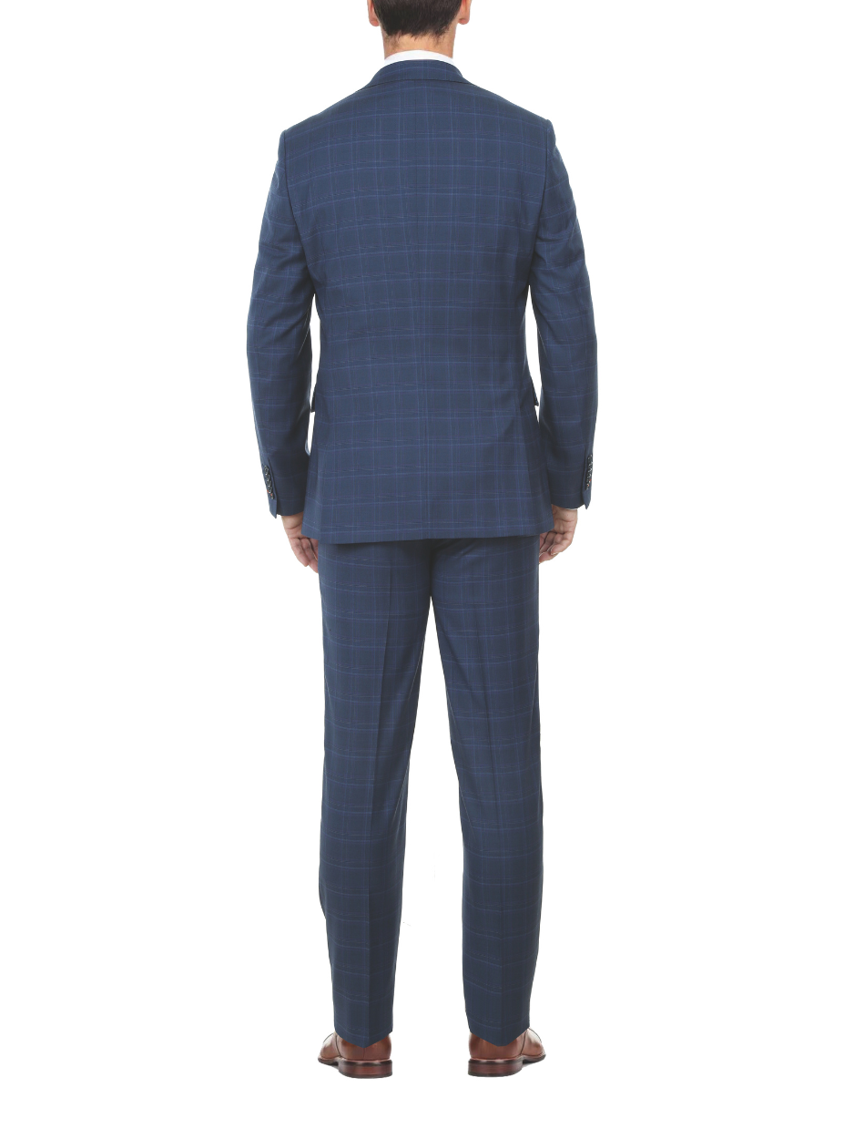 English Laundry Blue Plaid Slim Fit Notch Lapel Stretch 2 Button Suit