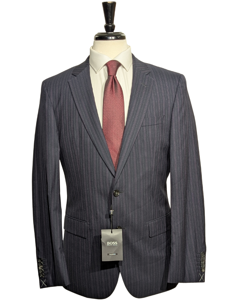 Hugo Boss Navy Blue and Purple Pinstriped Notch Lapels Wool 2-Button Suit 40R