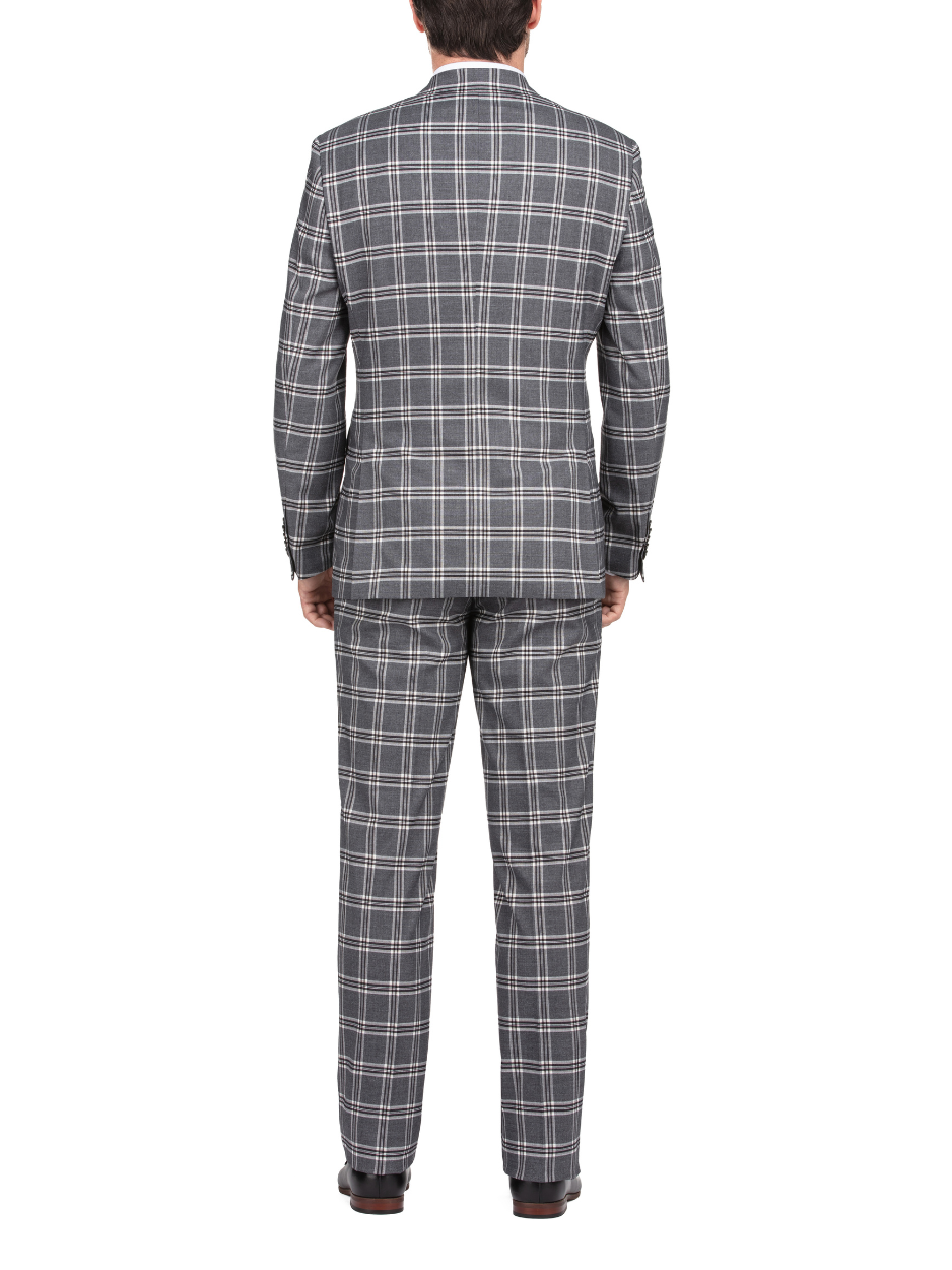 English Laundry Windowpane Check Gray Slim Fit Peak Lapel Stretch 2 Button Suit