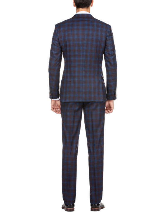 English Laundry Mens Navy with Brown Check Slim Fit Peak Lapel 2 Button Stretch Suit