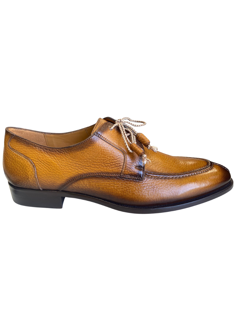 Mezlan Fratello Cognac Pebbled Leather Apron Toe Derby Dress Shoes