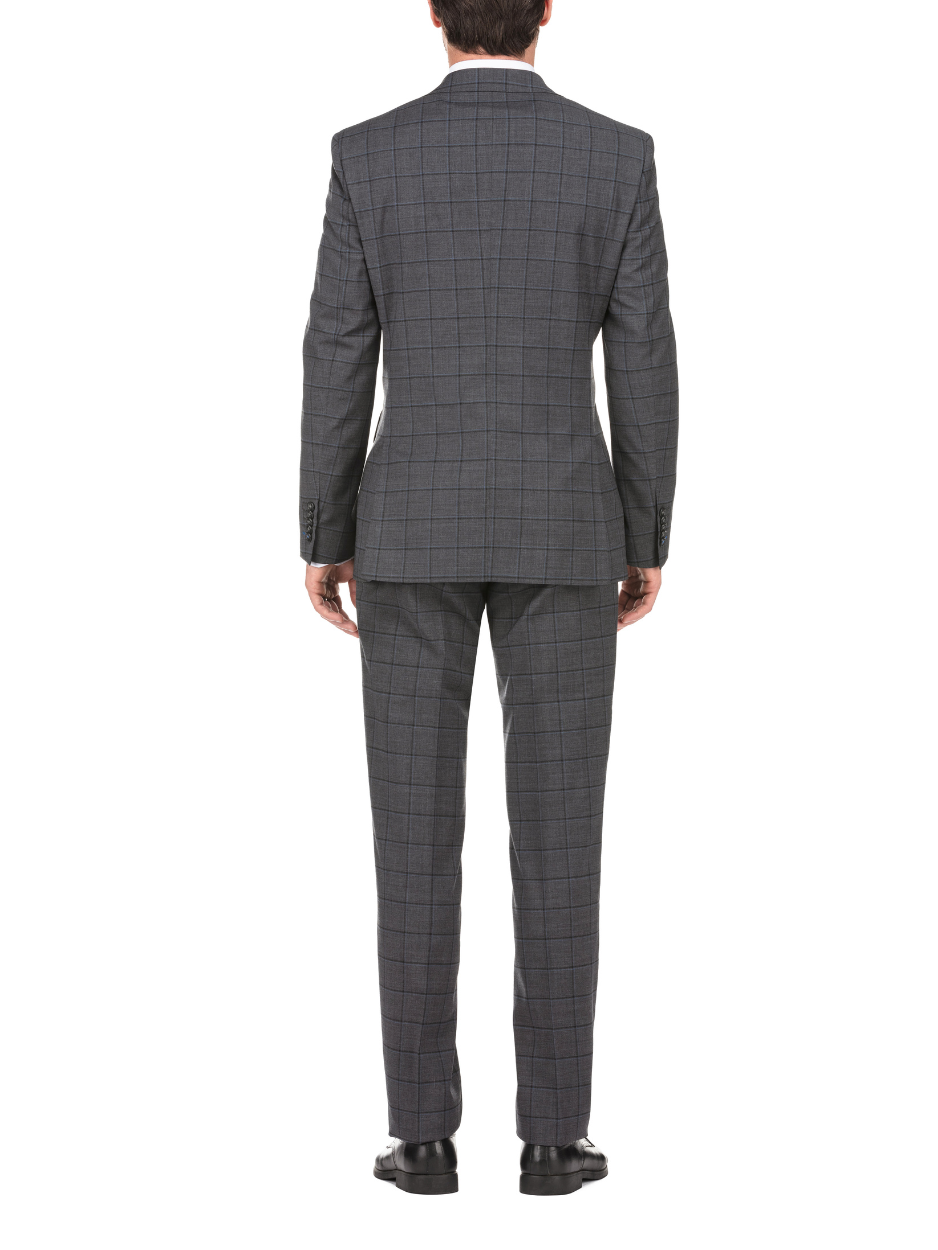 English Laundry Grid Check Charcoal Gray Slim Fit Notch Lapel Wool Stretch 2 Button Suit