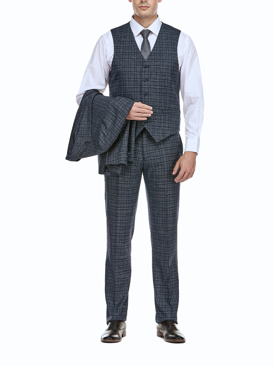 English Laundry Windowpane Blue Denim Style Slim Fit Notch Lapel Stretch 3-Piece Suit