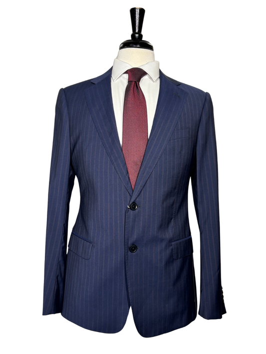 Armani Collezioni S-Line Blue With Burgundy Pinstriped Notch Lapel Wool 2-Button Suit - 36R