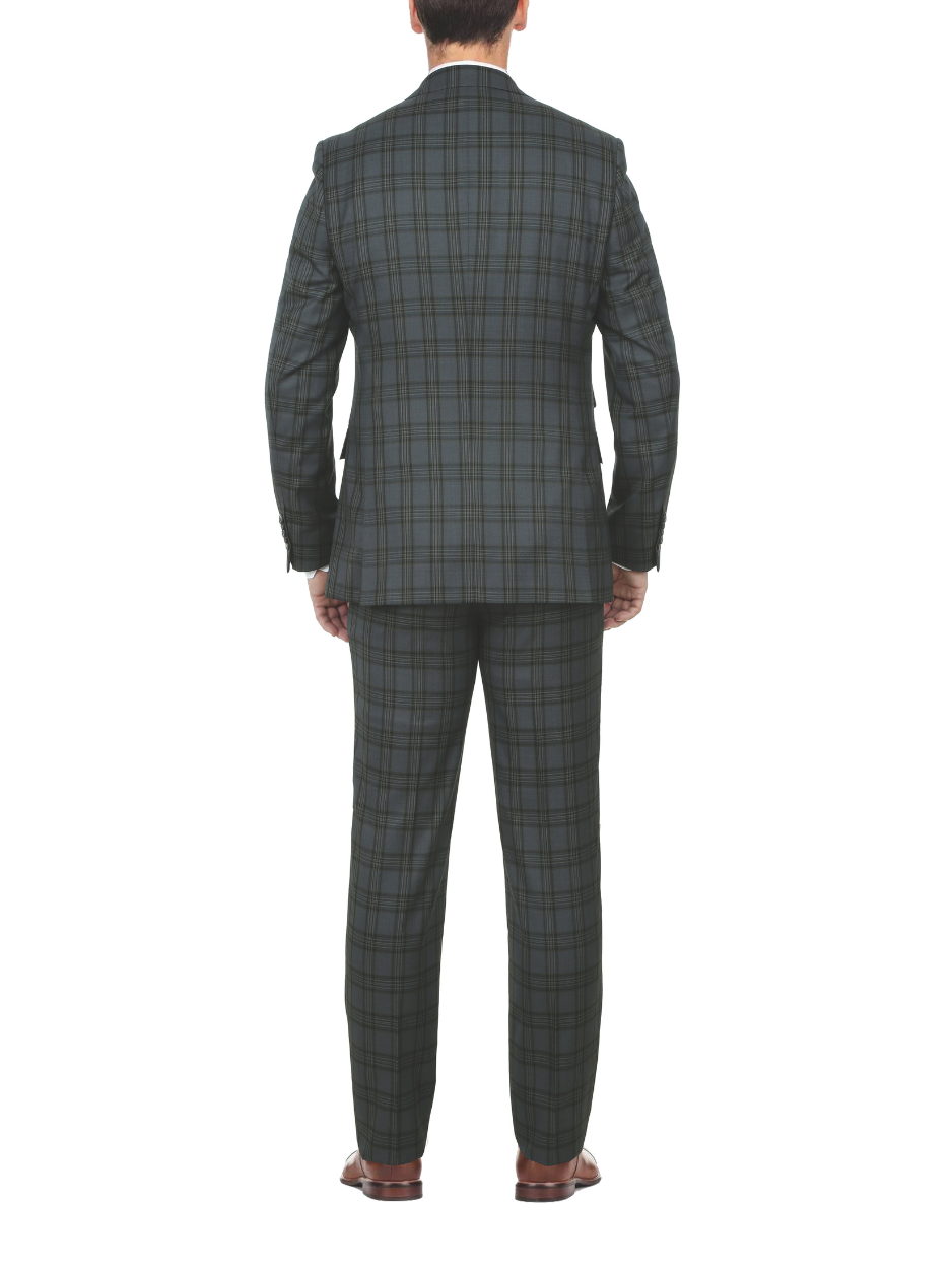 English Laundry Mens Gray With Green Plaid Slim Fit Peak Lapel 2 Button Stretch Suit