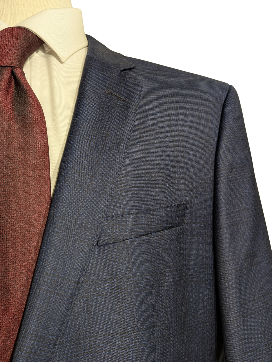 Hugo Boss Super 120s Navy Blue Plaid Windowpane Slim Fit Notch Lapels Wool 2-Button Suit - 44R