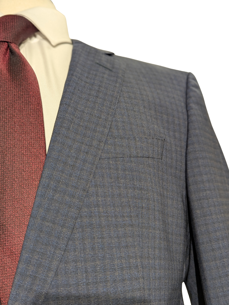 Hugo Boss Lanificio Blue and Gray Tonal Check Slim Fit Notch Lapels Wool 2-Button Suit - 40R