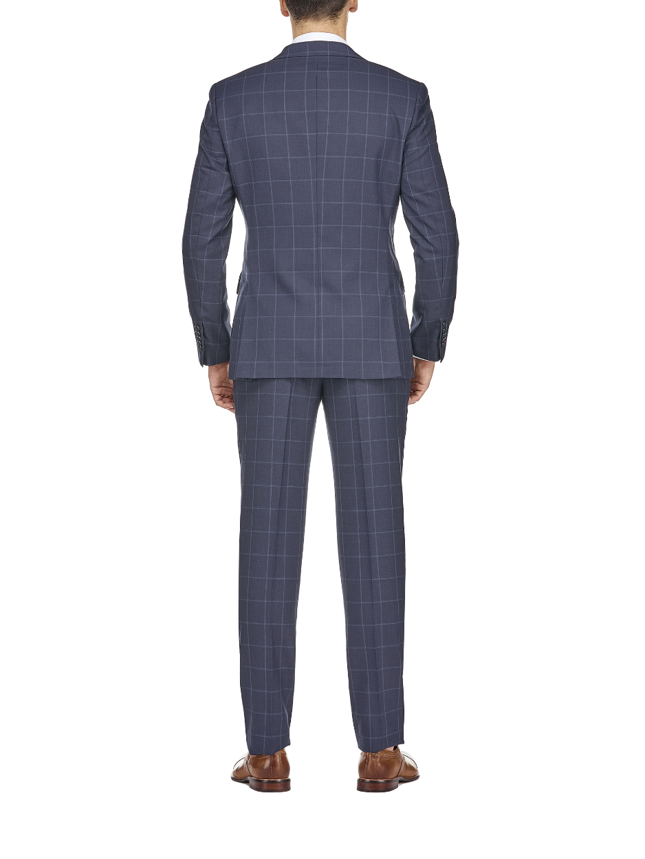 English Laundry Mens Navy Windowpane Slim Fit Notch Lapel 2 Button Wool Suit