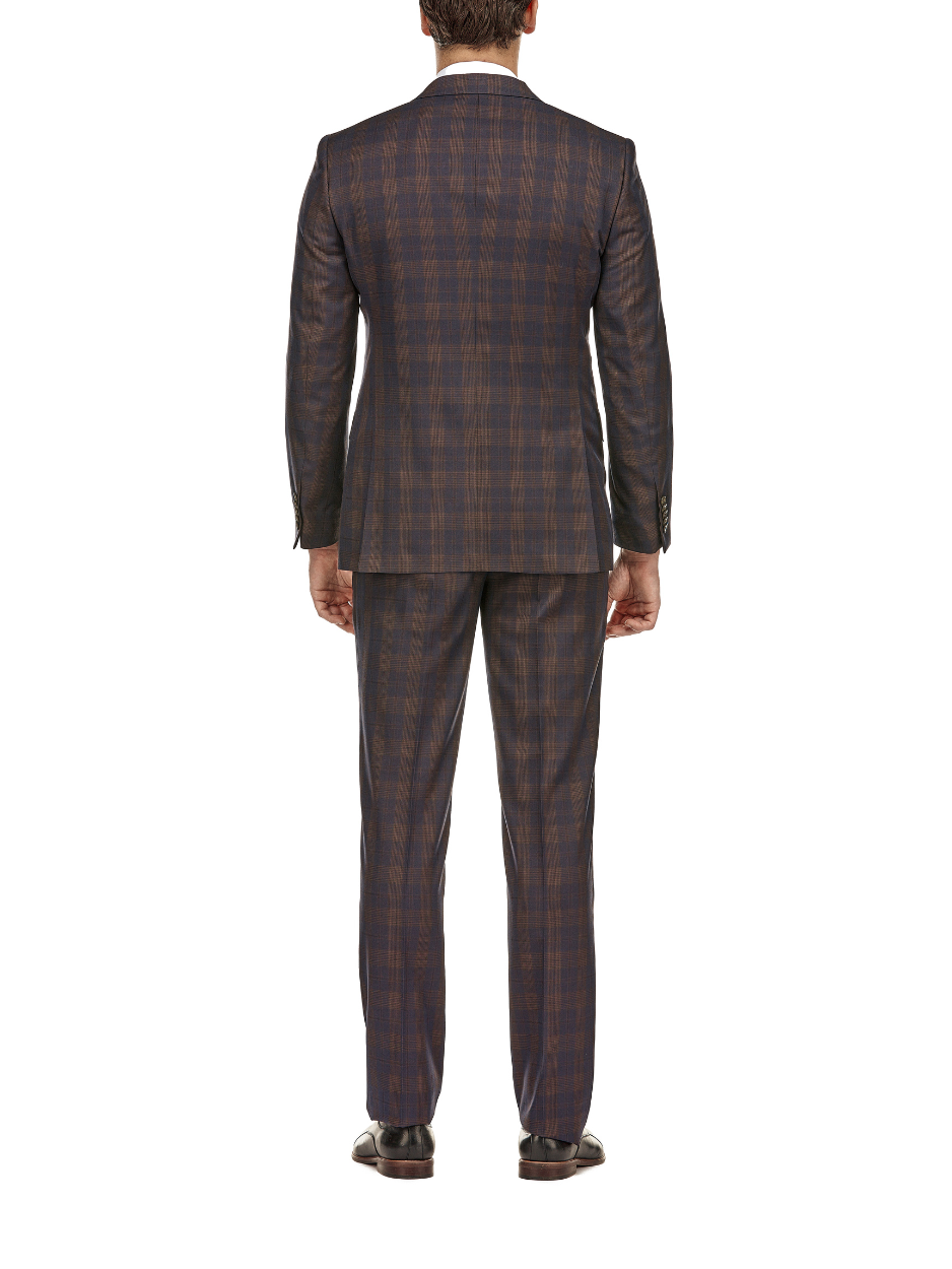 English Laundry Mens Plaid Navy With Brown Slim Fit Peak Lapel Stretch 2 Button Suit