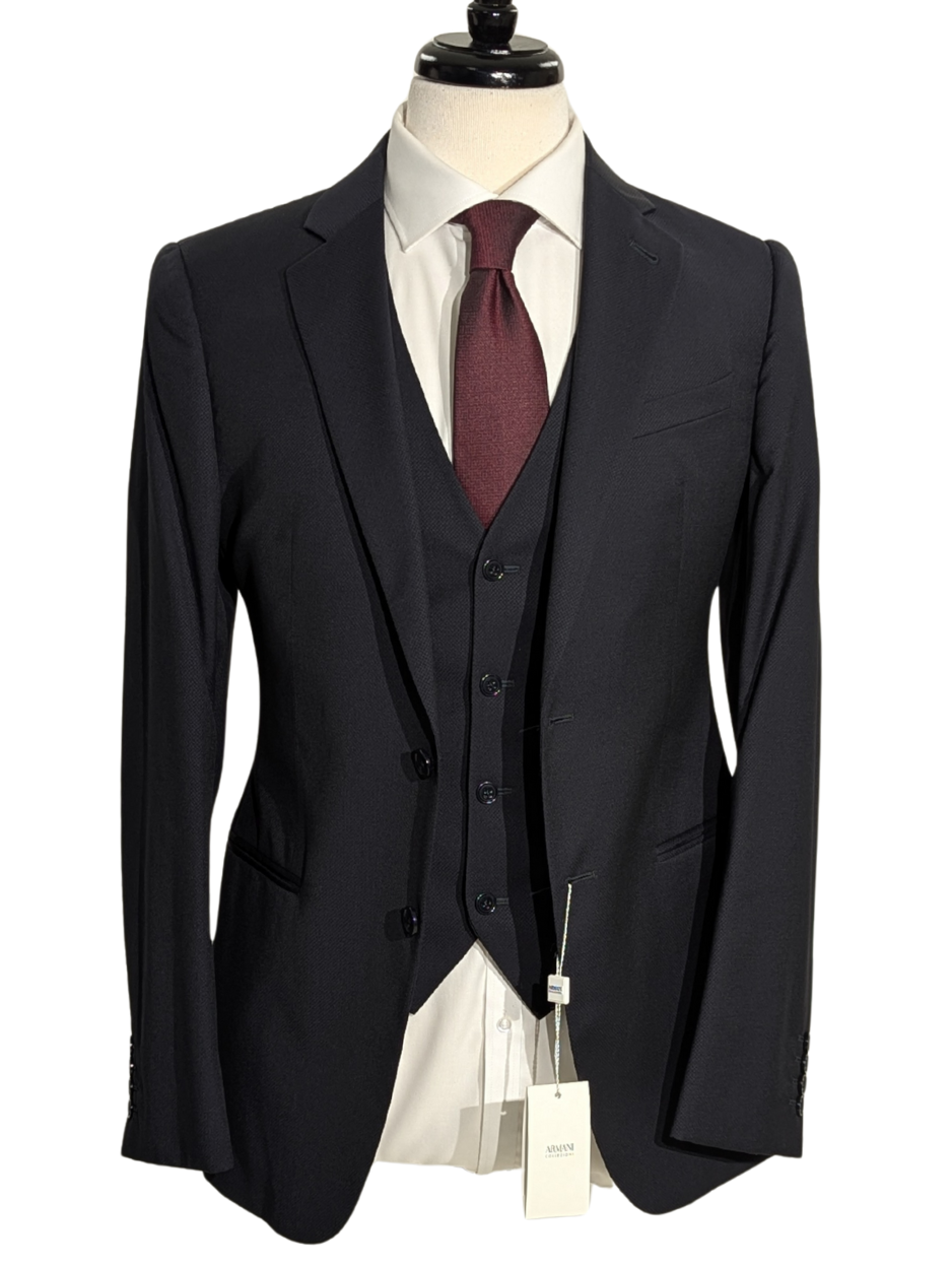Armani Collezioni Black Textured Classic Fit Notch Lapel 3 Piece Wool Suit 36R