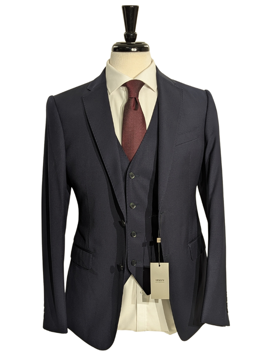 Armani Collezioni Dark Blue Textured M-Line Modern Fit Notch Lapel 3 Piece Wool Suit 36R