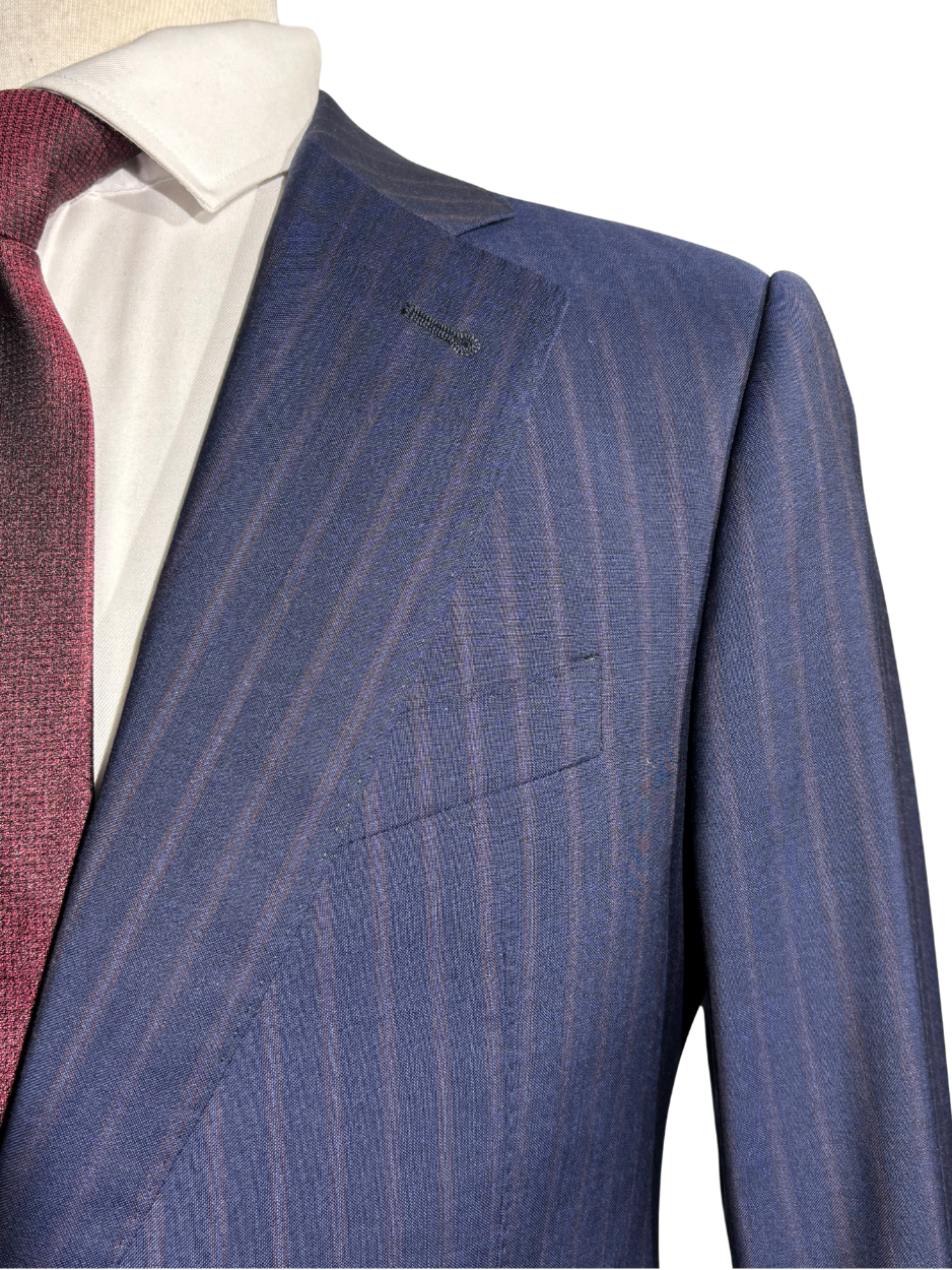 Armani Collezioni S-Line Blue With Burgundy Pinstriped Notch Lapel Wool 2-Button Suit - 36R