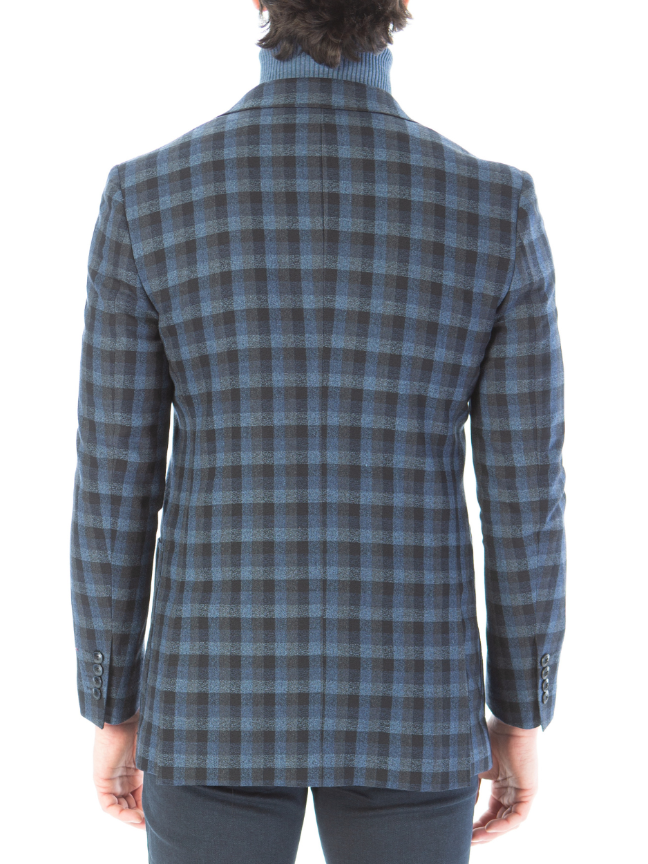 Sartoria Mazara Mens Slim Fit Black & Blue Check 100% Wool Blazer Sportcoat