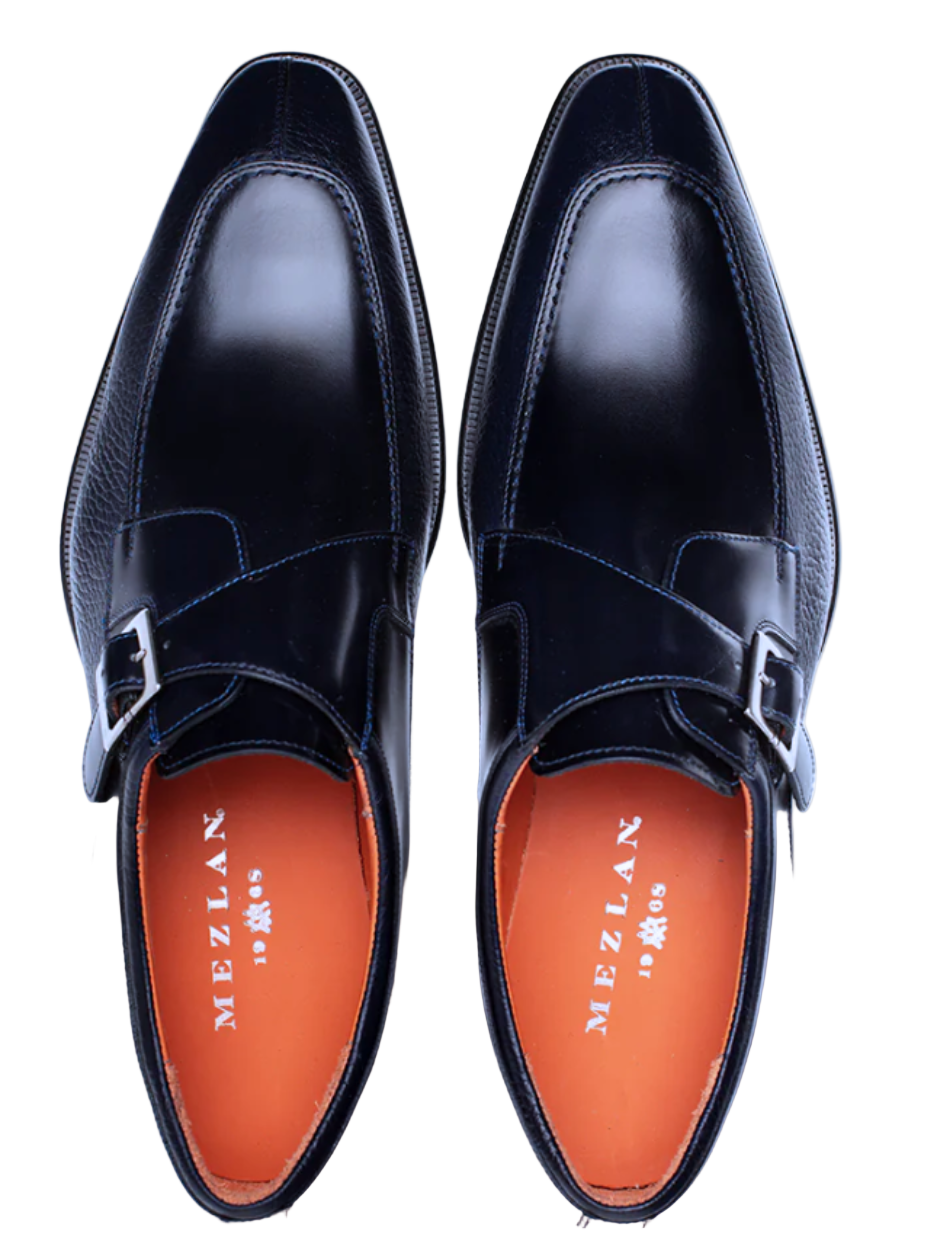 Mezlan Pego Navy Blue Deerskin & Calf Monk Strap Dress Shoes