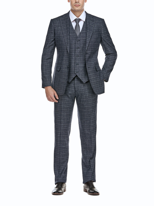 English Laundry Windowpane Blue Denim Style Slim Fit Notch Lapel Stretch 3-Piece Suit