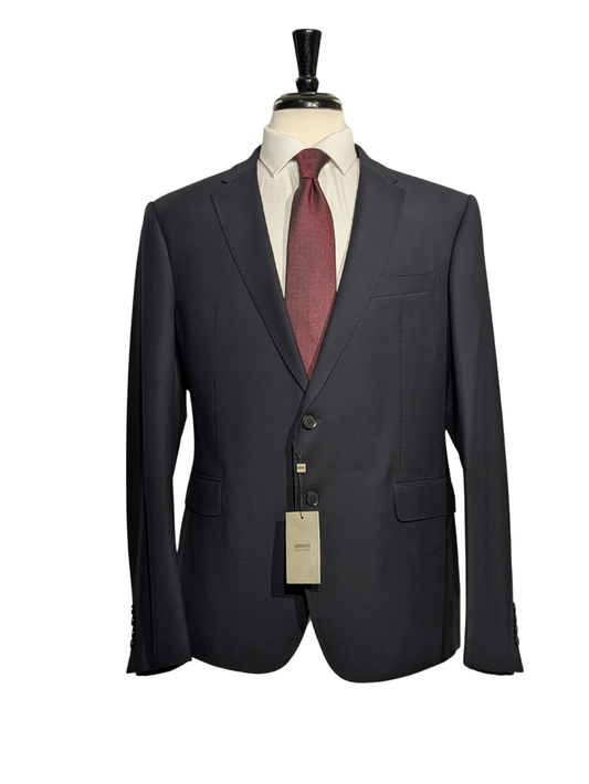 Armani Collezioni M-Line Solid Black 100% Wool Notch Lapel Modern Fit 2 Button Suit 38R